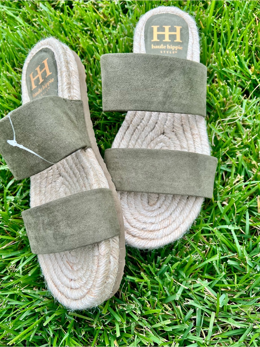 NWOB Haute Hippie Nori Sandals Slides Espadrilles Olive Jute 90’s Comfort 6.5